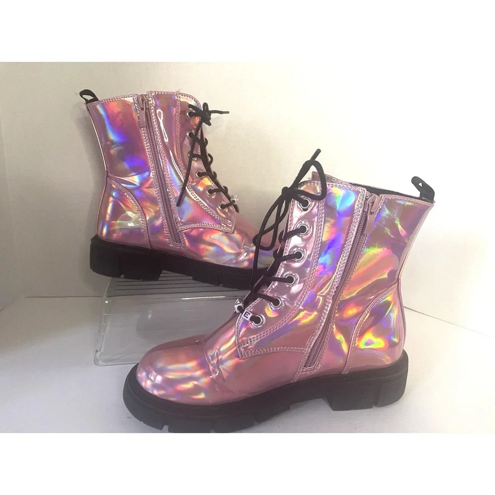 Bebe Girl's Pink Metallic Combat Ankle Boots Lace UP‎ Size 4 Girly Glam [776]